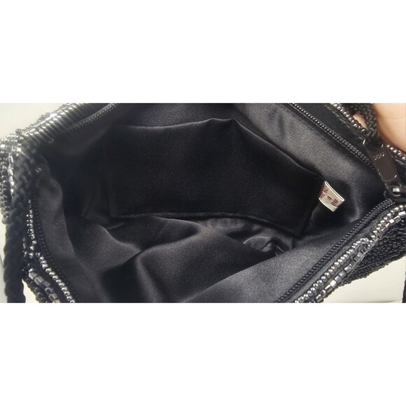 Vintage Hand Beaded Silver Black Linear Design Shoulder Crossbody Evening Bag - Picture 6 of 14